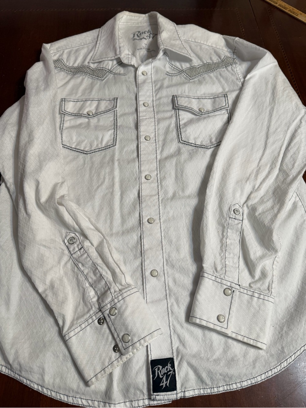 Rock 47 by Wrangler Men's L White Western Shirt Pearl Snap Long Sleeve Yoke